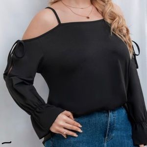 Sheilay Whimsical Women Black Cold Shoulder  Strap Long Sleeves Top Blouse
